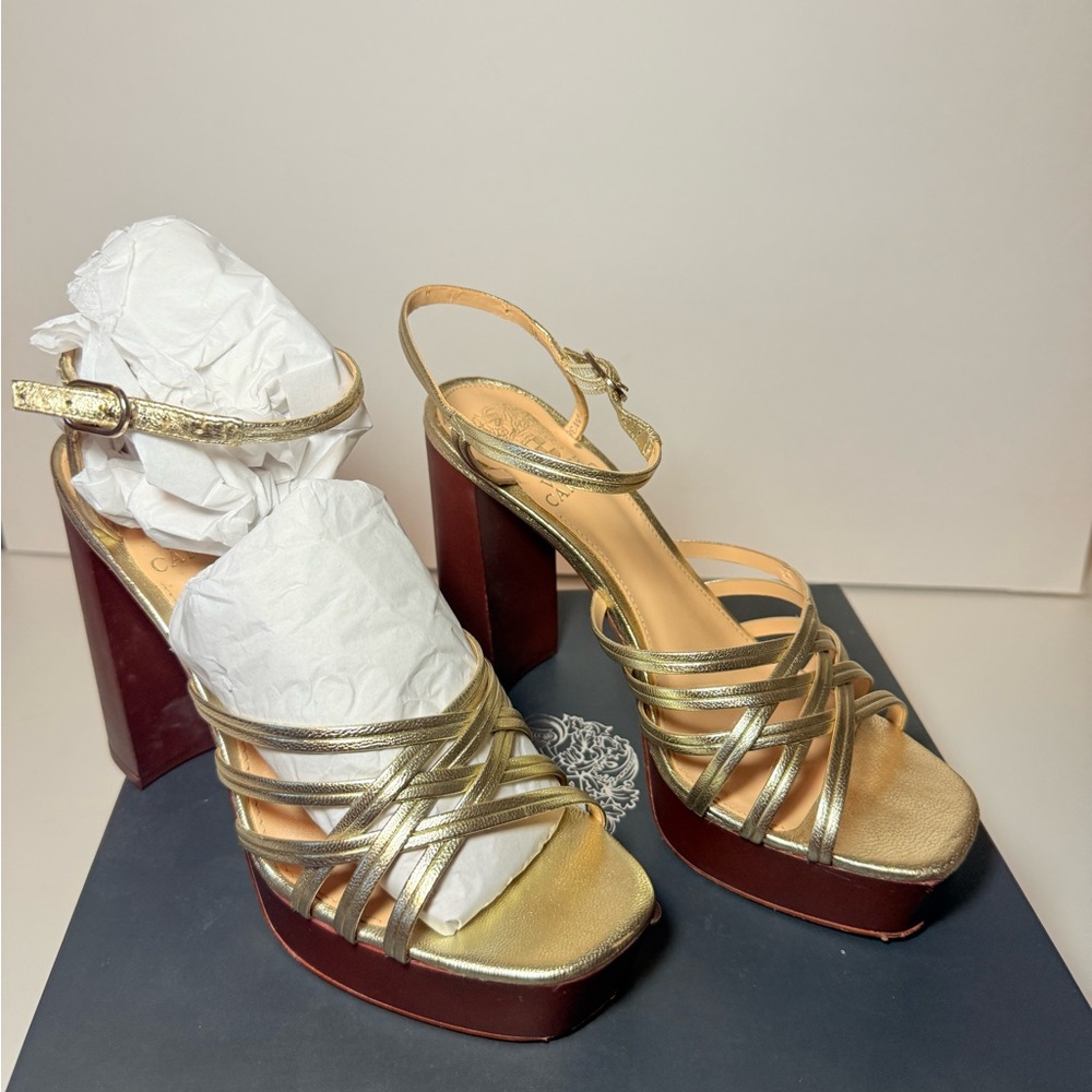 Vince Camuto Metallic Gold Strappy Heels Size 7.5M - Picture 2 of 5